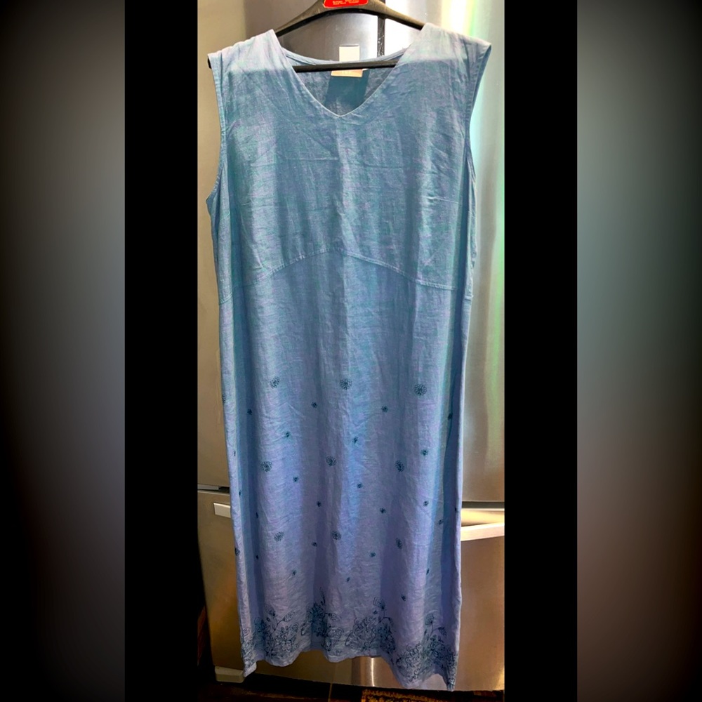 IVY BLUE V-Neck Linen Rayon MAXI DRESS Lagenlook USA Made Floral Accents SIZE 14